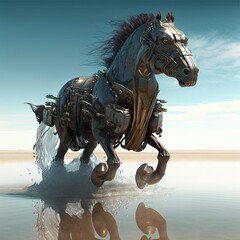 Futuristic horse, mechanical robot warrior, future warrior, generative ai, electronic animal, running robot horse 