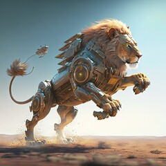 Futuristic lion knight, mechanical robot warrior, future warrior, generative ai, electronic animal, robot lion in desert, jumping lion warrior