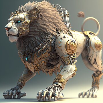 Futuristic lion knight, robot lion, mechanical robot warrior, future warrior, generative ai, electronic animal king