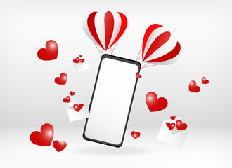 Air balloons holding smart phone mockup in vertical orientation with flying romantic red hearts and envelopmens around isolated on white background. Editable abstract 3D Vector illustration