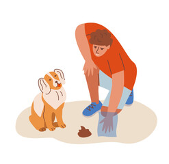 Dogs poop hands cleaning. Person picking waste. Remove pet waste.
