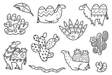 Vector cartoon camels and succulents in outline