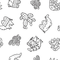 Seamless pattern with cartoon camels and succulents in outline. Vector illustration