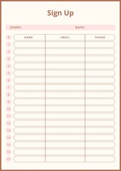 Simple Minimalist Sign Up Sheet Planner
