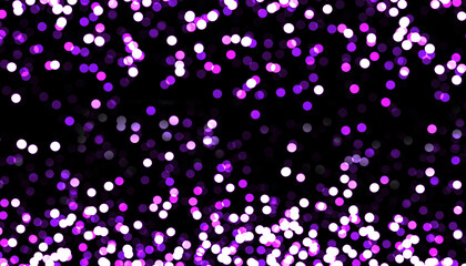 Fototapeta na wymiar Purple abstract bokeh layered blurred shiny particles as cover decoration on black background