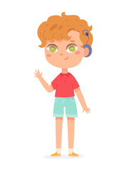 Boy with hearing aid, cute disabled child with cochlear device on ear to hear sounds