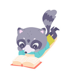 Fototapeta premium Cute raccoon reading open paper book, happy smart animal character lying on floor