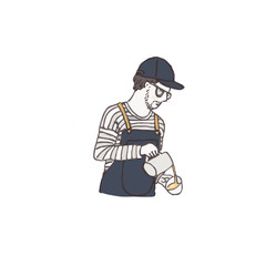 barista - modern flat vector concept illustration of a young man wearing apron pouring whipped milk into the coffee mug, coffee maker, elements