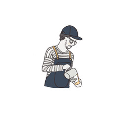 barista - modern flat vector concept illustration of a young man wearing apron pouring whipped milk into the coffee mug, coffee maker, elements