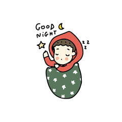 Cartoon of little boy sleeping, freehand drawn illustration