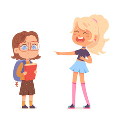 Kids bullying at school, girl shaming and laughing at lonely classmate wearing glasses