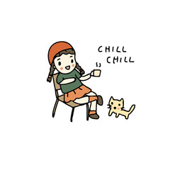 girl chilling with coffee and cat, Cartoon freehand drawn Illustration