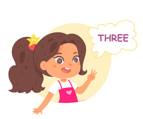 Kid counting to three vector illustration. Cartoon isolated cute preschool girl inside yellow figure showing 3 fingers gesture to count and study numbers, arithmetic and basic math in kindergarten