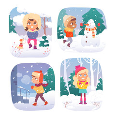 Fototapeta premium Kids shiver in cold winter weather set, boys and girls shivering outdoors, child freezing