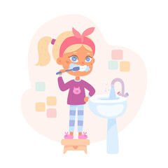 Girl brushing teeth, cute kid holding toothbrush with toothpaste to care health of mouth