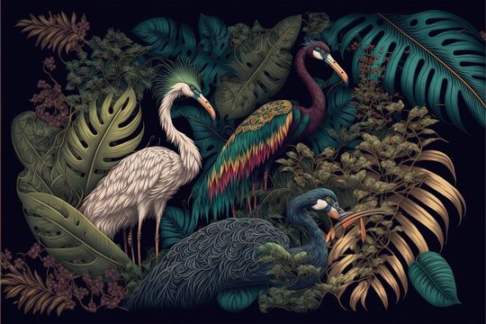 Tropical background, royal birds, peacock, heron, colorful fern leaves. Digital illustration. Generative AI
