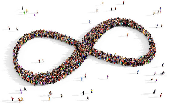 Crowd of people gathered together in the shape of infinity symbol, top view, continuity concept, isolated on transparent background