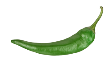 Green chili pepper isolated on transparent background closeup.