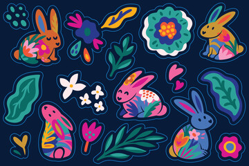 Big sticker set with adorable bunnies and floral elements in flat style. Bright collection of nature elements in vector