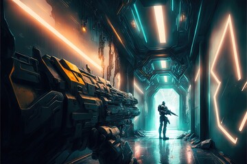 First person view shooter game arms holding futuristic gun, rifle on sci-fi spaceship corridor. Generative AI - obrazy, fototapety, plakaty