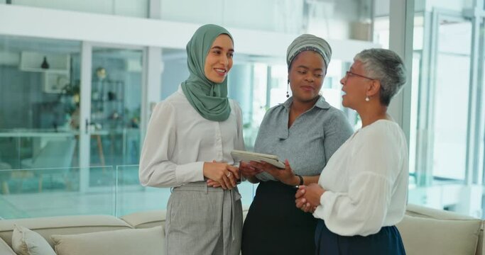Muslim, diversity and business woman on tablet for teamwork, collaboration and brainstorming project strategy, digital marketing and kpi. Islamic employee, african manager and corporate group in tech
