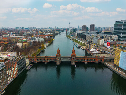 Aerial view of the Oberbaum Bridge in Berlin Treptow