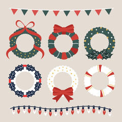 Collection of beautiful leases and decorations for Christmas tree. Set of holiday ornaments. 
ribbon, lights, bells, Xmas design. Colored vector illustration in flat cartoon style.