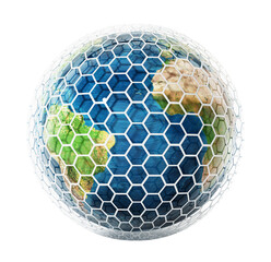 Earth covered with hexagonal tiles on transparent background.