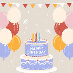 Collection of beautiful decorations for party. Set of holiday ornaments. Cakes, balloons, candles, cream, Xmas  design. Colored vector illustration in flat cartoon style.