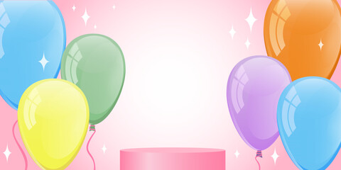 baloonVector Podium Kids with flying colored Balloons and Stars. Product Display for the baby store, online shopping on Pink Background. Fashion discount promotion for children on social media web des