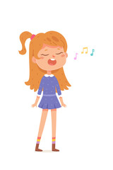Cute girl singing song vector illustration. Cartoon isolated happy kawaii female singer standing to sing to music at Christmas party, choir performance or school concert on stage