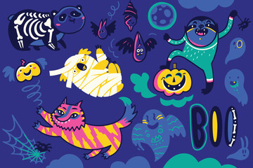 Halloween sticker set with funny cartoon animals in childish style. Halloween vector illustration.