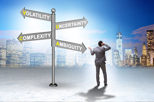 Businessman at the crossroads at VUCA concept