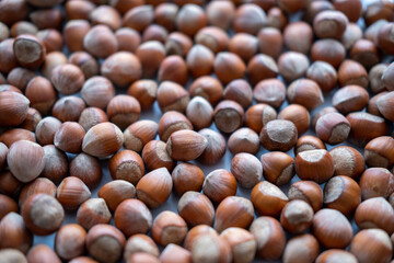 Hazelnut background, Hazelnut food background texture, nut. Selective focus.