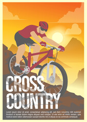 cross country event poster. cyclist ride down hill with beautiful background view of sun set and mountains. vintage style vector illustration