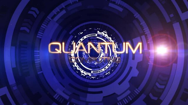 Quantum Computing text science technology futuristic 3D on HUD animation cinematic title background. Animation for business network technology introduction.