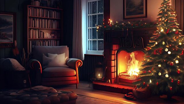 Christmas eve cozy mood in classic decorated living room with fire burning in fireplace, christmas tree, candles and gifts. Family waiting for rest. December holidays, winter, warm indoor. Snow falls.