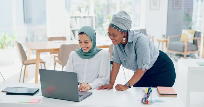 Muslim, women team and laptop with support, advice or conversation for coaching in digital marketing. Black woman, coach or mentor for islamic woman in office with fist bump, learning and celebration
