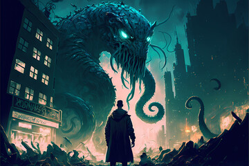 a man looking at a giant monster that destroys a mega city, digital illustration painting art style, cinematic landscape