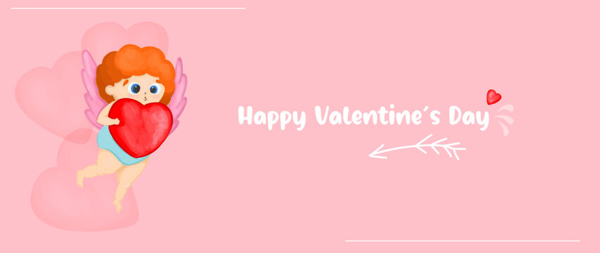 horizontal banner for Valentines Day. Cute cupid character with arrows and hearts. Valentines day poster.