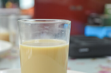 Close up view of Nescafe tarik. Made from a mixture of nescafe and milk as well as hot water. Suitable for morning and afternoon tea. favorite drink in Malaysia.