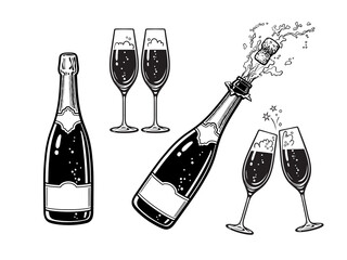 Bottle of champagne and pair of glasses. Popping bottle with cork flying out. Black and white hand drawn vector illustration.