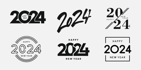 Big Set of 2024 Happy New Year logo text design. 2024 number design template. Collection of 2024 Happy New Year symbols. Vector illustration with black labels isolated on white background.  - obrazy, fototapety, plakaty