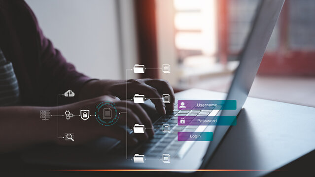 User authentication system login with username, password, cybersecurity concept, information security and encryption, secure Internet access, technology and cybernetics. computer security system.