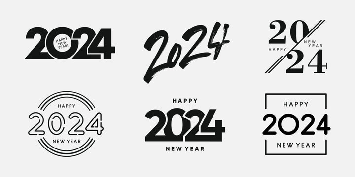 Big Set of 2024 Happy New Year logo text design. 2024 number design template. Collection of 2024 Happy New Year symbols. Vector illustration with black labels isolated on white background. 