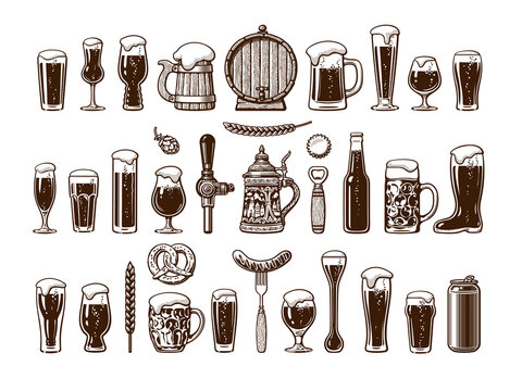 Big vintage set of beer objects. Various types of beer glasses and mugs. Hand drawn vector illustration.