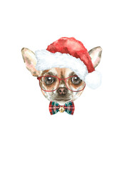 Watercolor chihuahua illustration dogs breeds collection, Merry Christmas greeting card, Dog in santa,elf hat,  clothes, funny character printable portrait, costume, New year,lettering diy card design