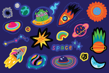 Space sticker collection with planets, rockets and stars in the night