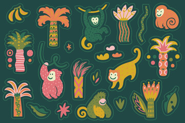 Jungle sticker collection with monkey and palm trees in retro green colours.  - 554470546