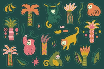 Fotobehang Onder de zee Jungle sticker collection with monkey and palm trees in retro green colours. 